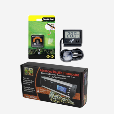 Reptile one stick on hygrometer, exo terra digital thermometer, advanced reptile dimming thermostat