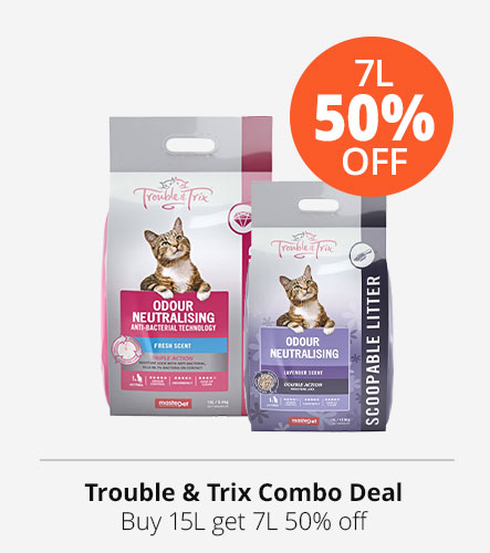 50% off 7L bag of trouble and trix litter when you buy 15l