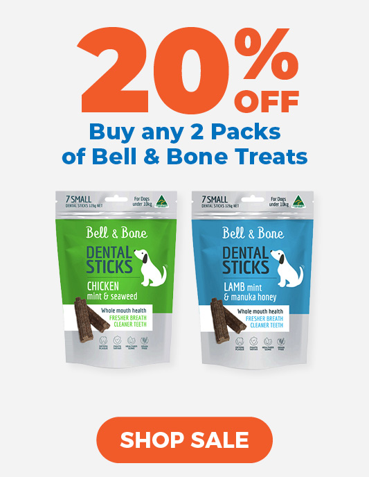 20% off when you buy any 2 Packs of Bell & Bone Treats