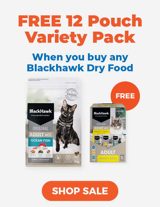 Free 12 Pouch Variety pack when you buy any Blackhawk Cat Dry Food