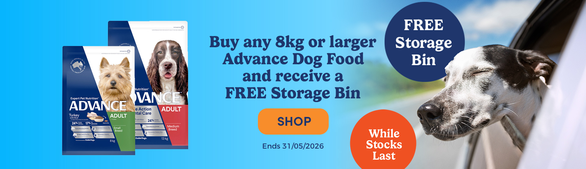 Free Storage Bin when you buy 8kg Advance Dog Food